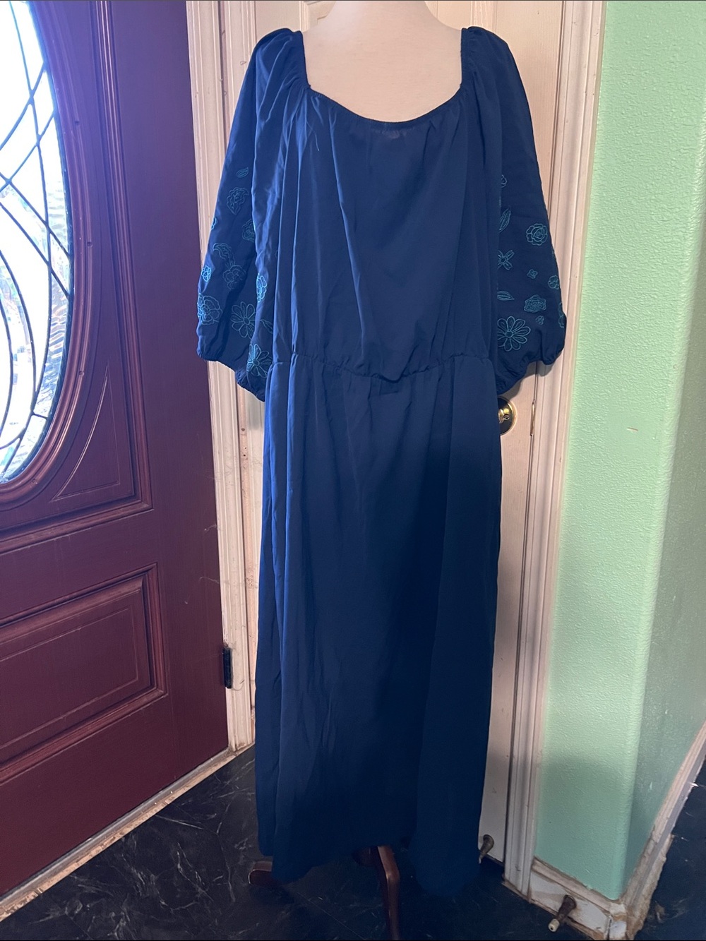 BloomChic Navy Maxi Dress with Embroidered Puff Sleeves